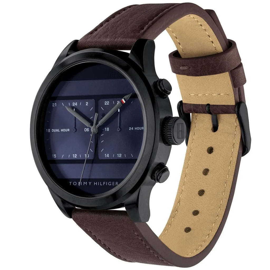 Tommy Hilfiger Icon 1791593 40mm Men's Multi-Function Watch – Blue Dual-Time & Brown Genuine Leather Strap