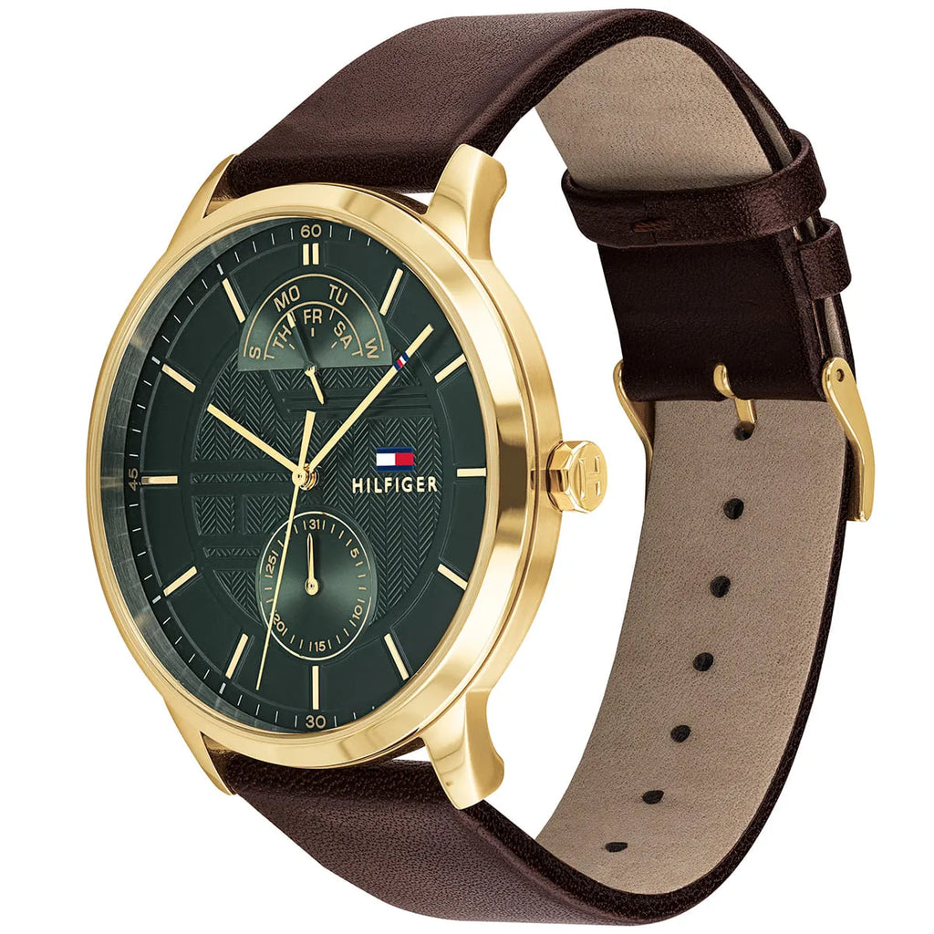 Tommy Hilfiger Hunter 1791607 44mm Men's Multi-Function Watch – Green Textured & Brown Genuine Leather Strap