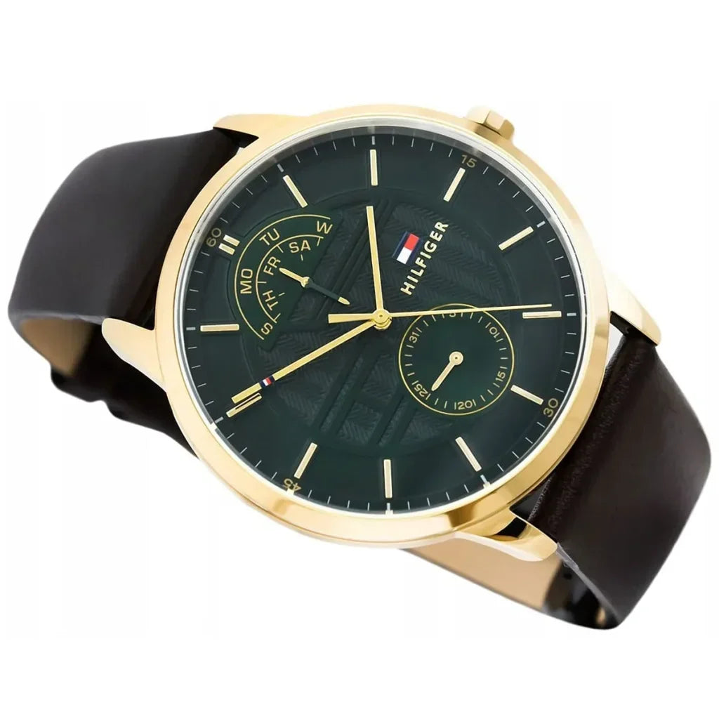 Tommy Hilfiger Hunter 1791607 44mm Men's Multi-Function Watch – Green Textured & Brown Genuine Leather Strap