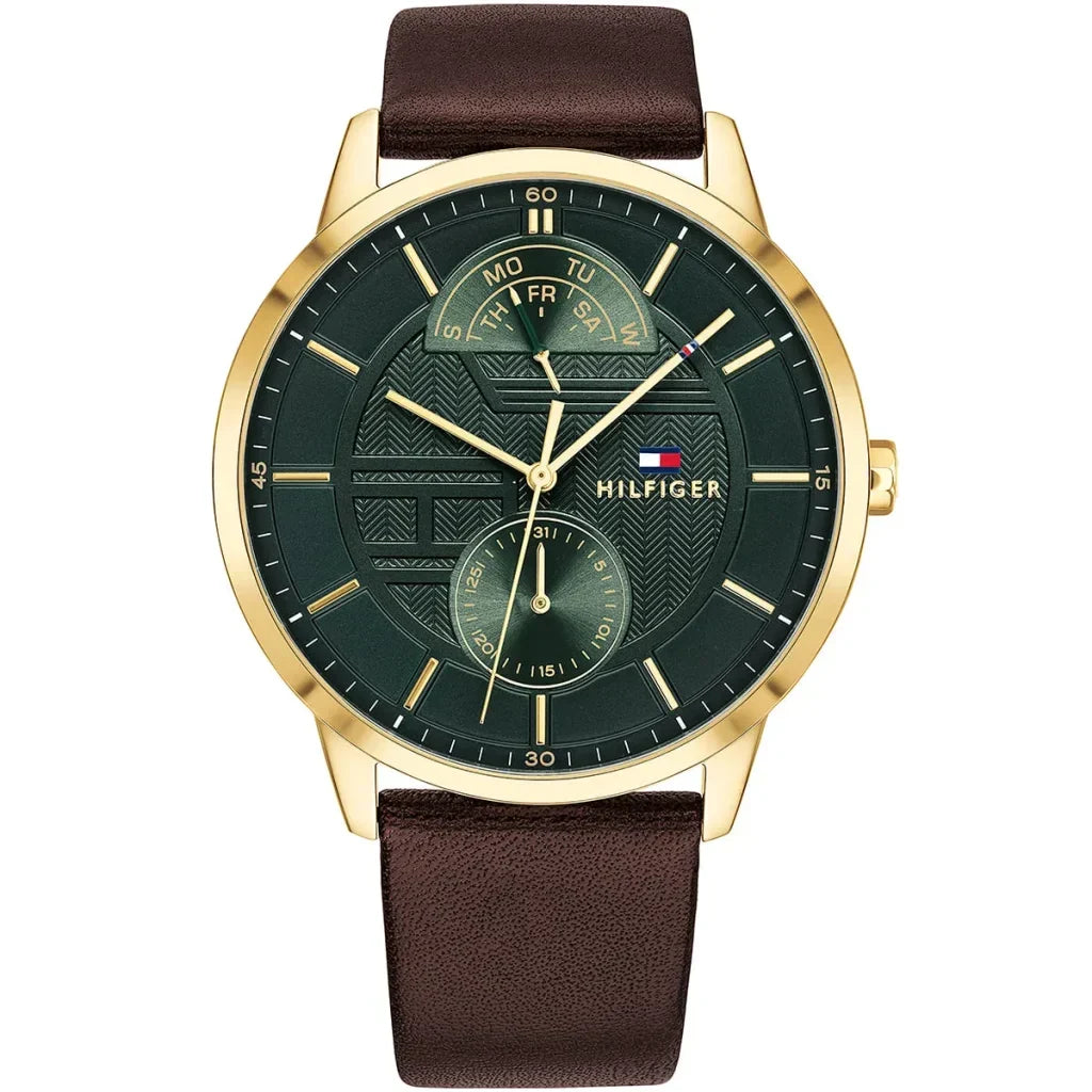 Tommy Hilfiger Hunter 1791607 44mm Men's Multi-Function Watch – Green Textured & Brown Genuine Leather Strap