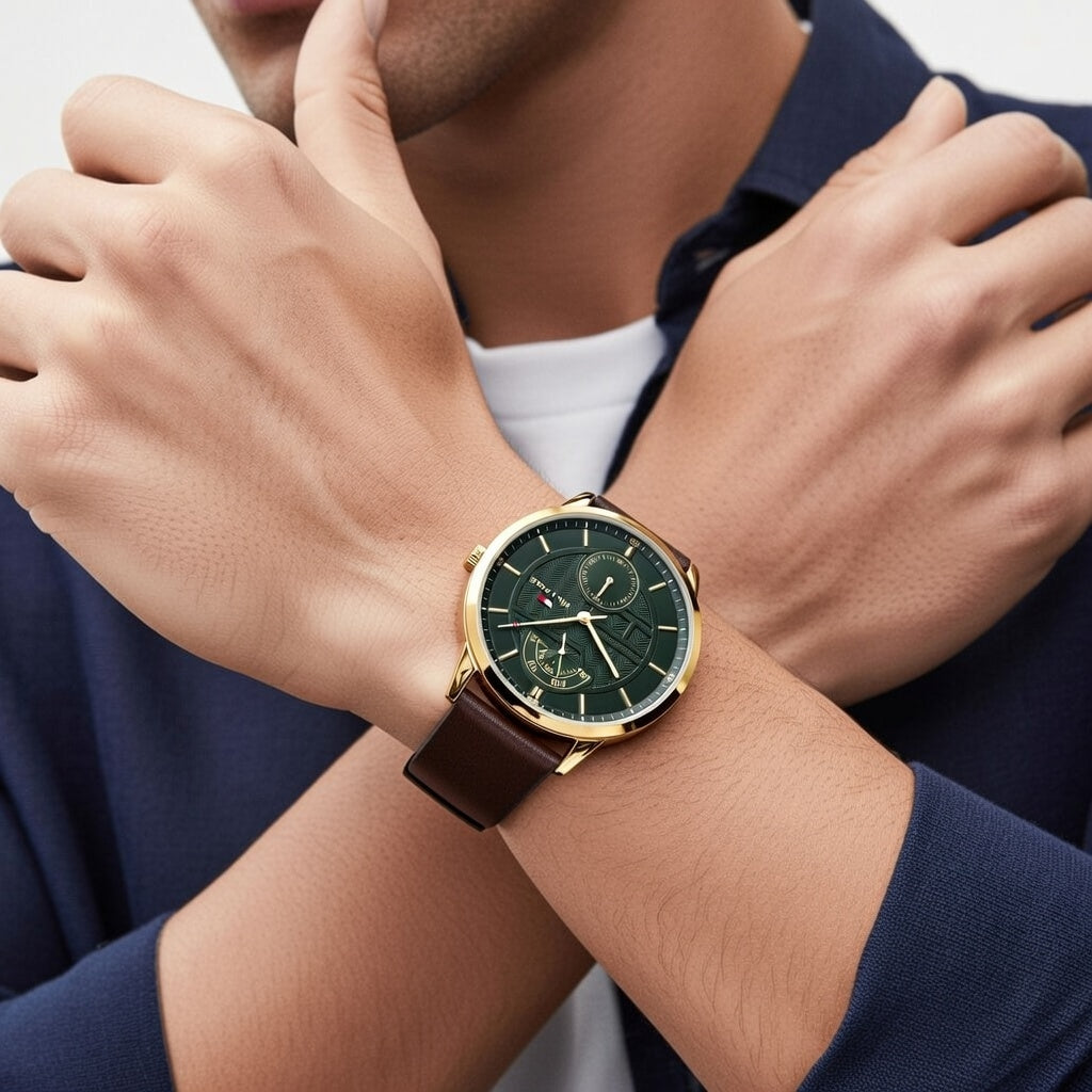 Tommy Hilfiger Hunter 1791607 44mm Men's Multi-Function Watch – Green Textured & Brown Genuine Leather Strap
