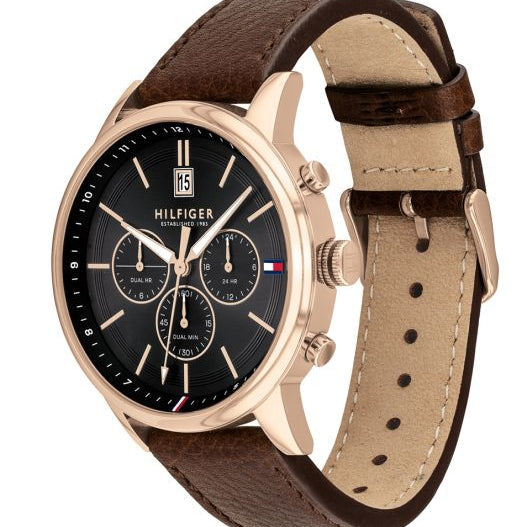 Tommy Hilfiger Kyle 1791631 44mm Men's Multi-Function Watch – Black & Brown Genuine Leather Strap