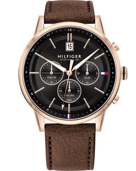 Tommy Hilfiger Kyle 1791631 44mm Men's Multi-Function Watch – Black & Brown Genuine Leather Strap