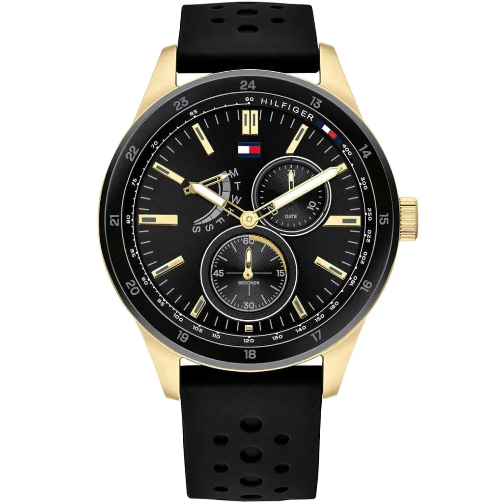 Tommy Hilfiger Austin 1791636 44mm Men's Multi-Function Watch – Black & Black Silicone Strap