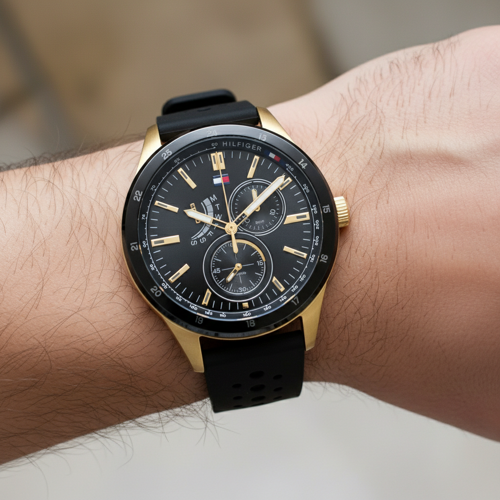 Tommy Hilfiger Austin 1791636 44mm Men's Multi-Function Watch – Black & Black Silicone Strap