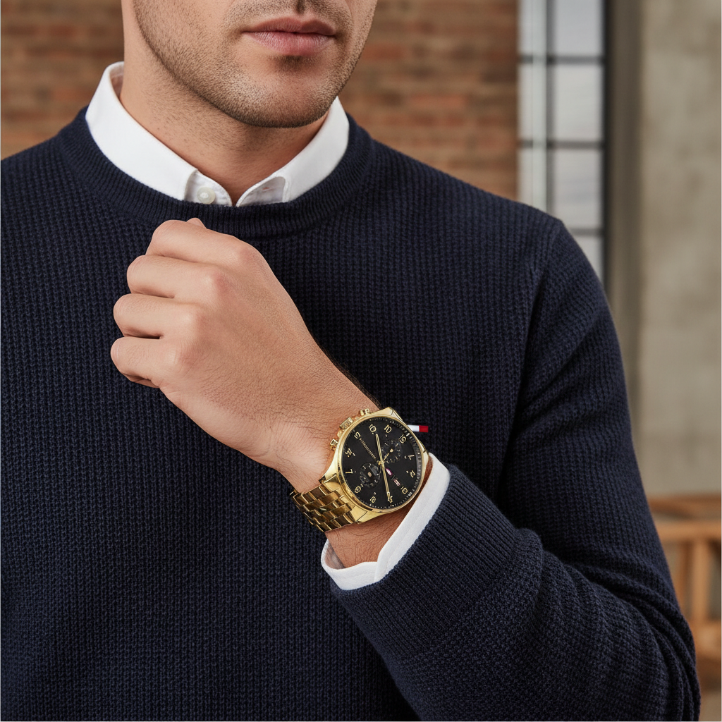 Tommy Hilfiger West 1791708 44mm Men's Multi-Function Watch – Black & Gold Stainless Steel Bracelet