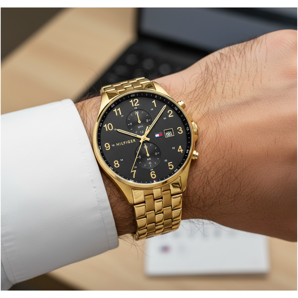 Tommy Hilfiger West 1791708 44mm Men's Multi-Function Watch – Black & Gold Stainless Steel Bracelet