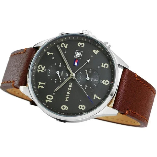 Tommy Hilfiger Banks 1791710 44mm Men's Multi-Function Watch – Dark Grey & Brown Genuine Leather Strap