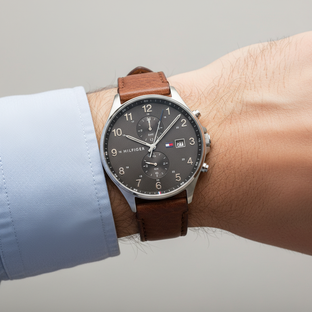 Tommy Hilfiger Banks 1791710 44mm Men's Multi-Function Watch – Dark Grey & Brown Genuine Leather Strap