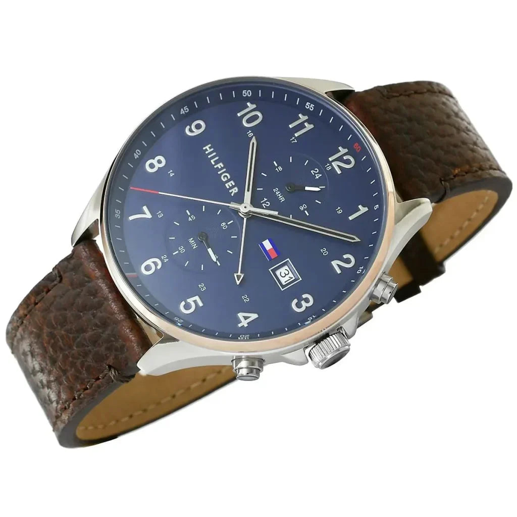 Tommy Hilfiger West 1791712 44mm Men's Multi-Function Watch – Blue & Brown Genuine Leather Strap