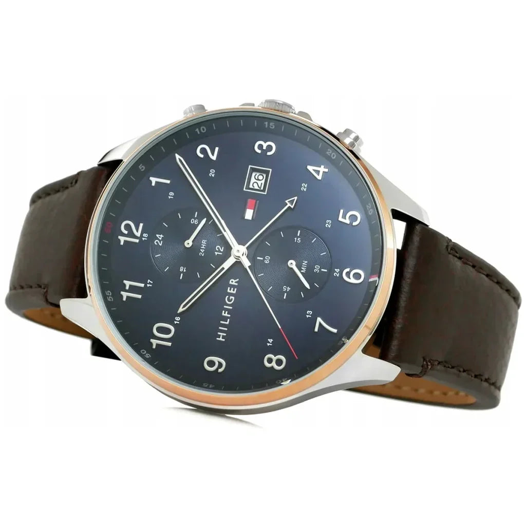 Tommy Hilfiger West 1791712 44mm Men's Multi-Function Watch – Blue & Brown Genuine Leather Strap