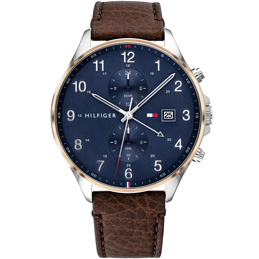 Tommy Hilfiger West 1791712 44mm Men's Multi-Function Watch – Blue & Brown Genuine Leather Strap