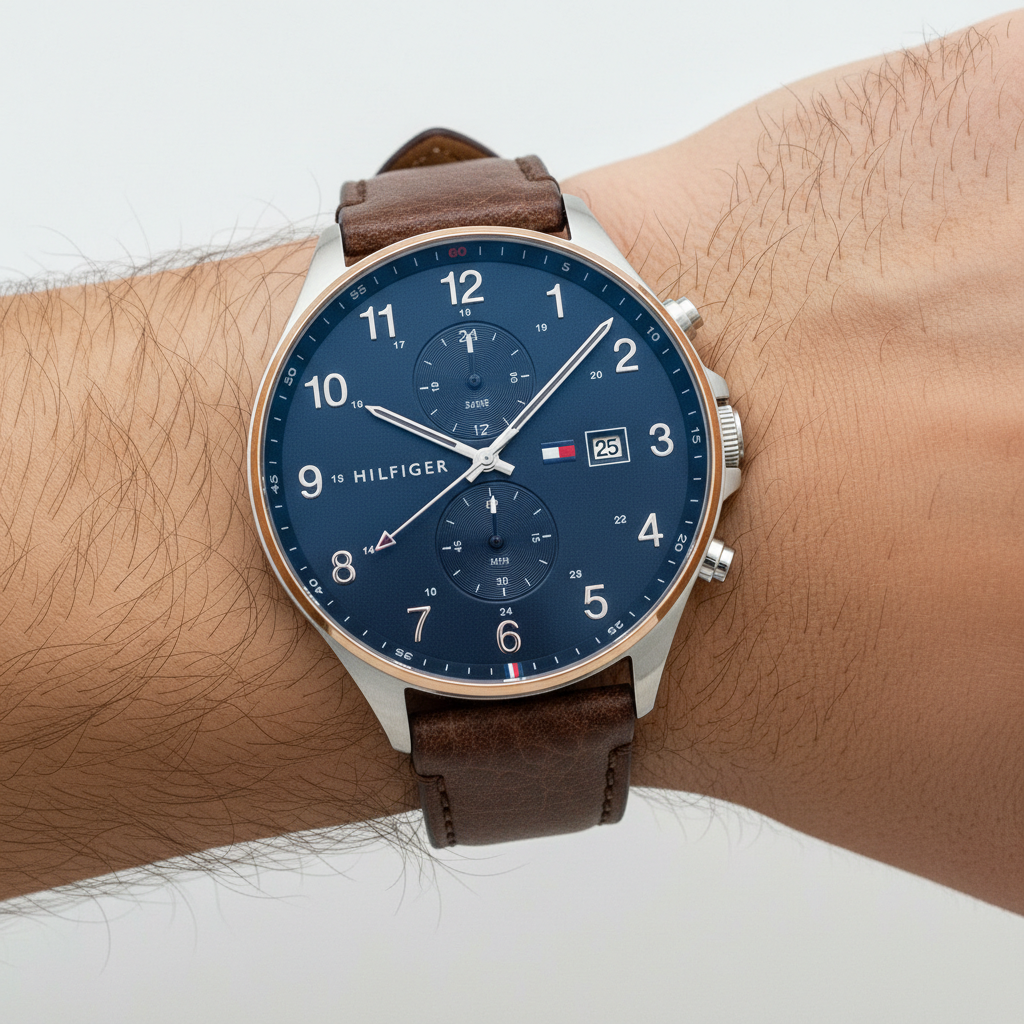 Tommy Hilfiger West 1791712 44mm Men's Multi-Function Watch – Blue & Brown Genuine Leather Strap