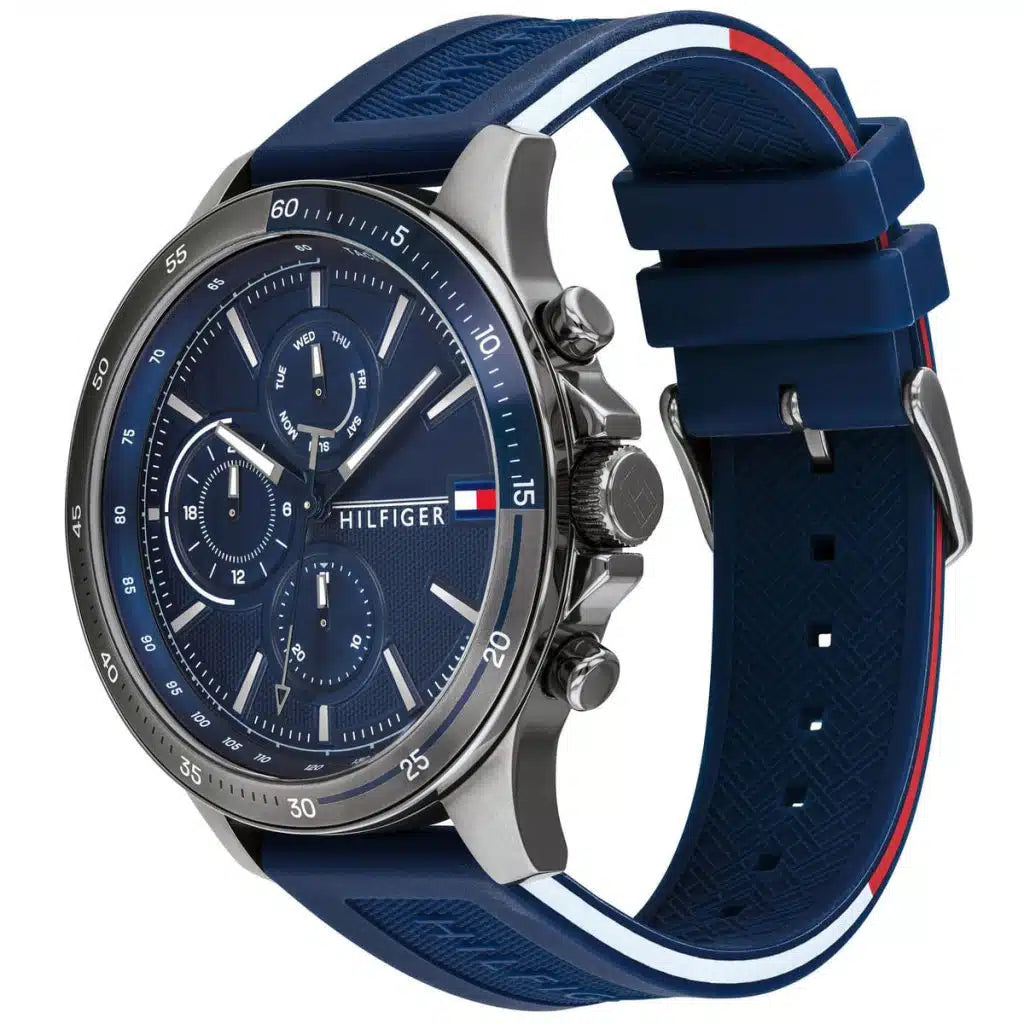 Tommy Hilfiger Bank 1791721 46mm Men's Multi-Function Watch – Blue & Blue Silicone Strap