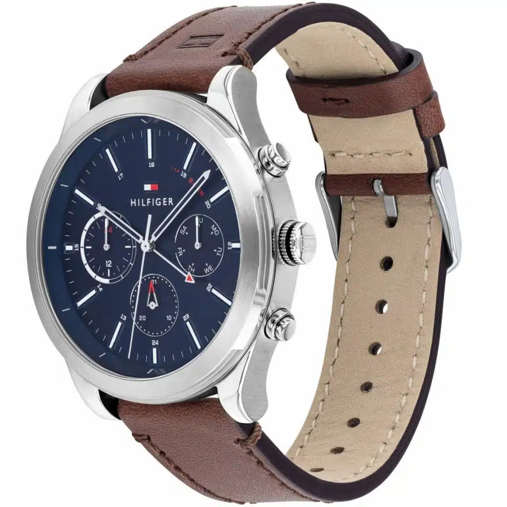 Tommy Hilfiger Ashton 1791741 44mm Men's Multi-Function Watch – Blue & Brown Genuine Leather Strap