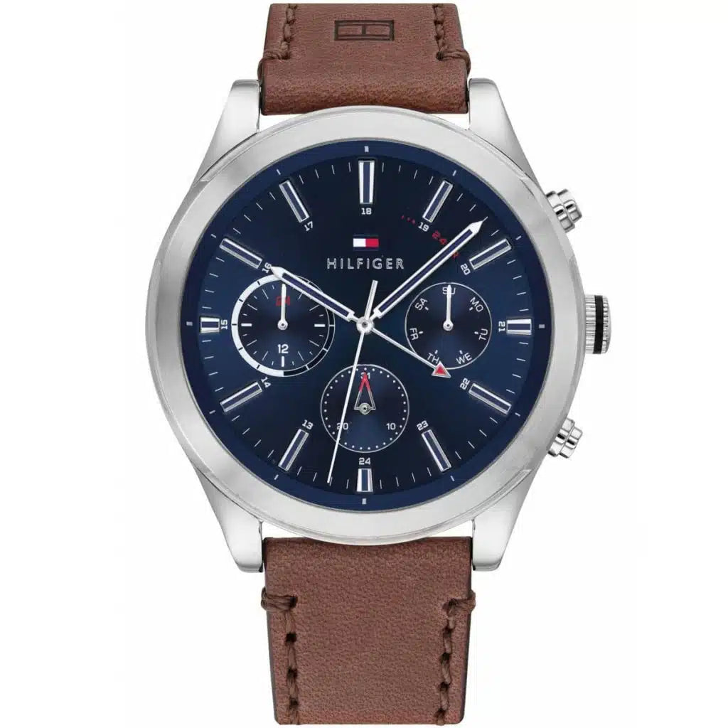 Tommy Hilfiger Ashton 1791741 44mm Men's Multi-Function Watch – Blue & Brown Genuine Leather Strap