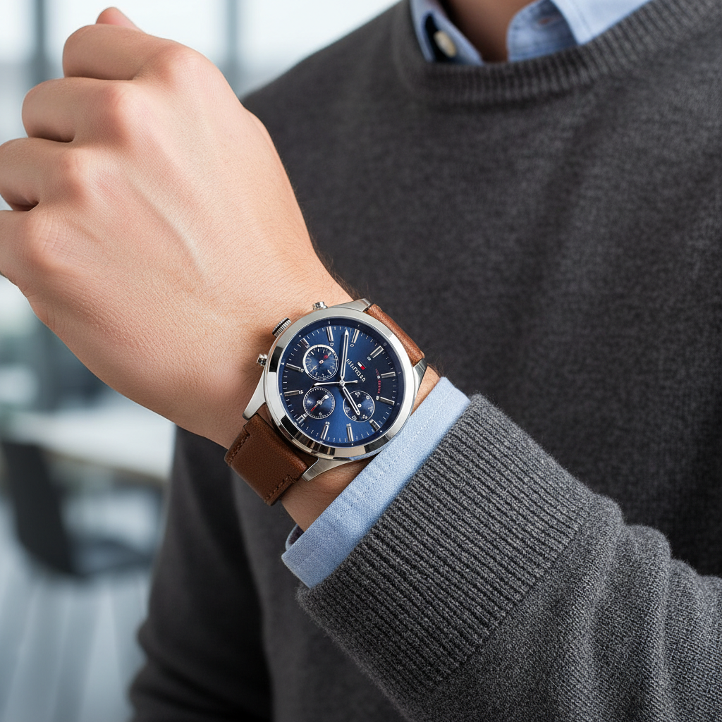 Tommy Hilfiger Ashton 1791741 44mm Men's Multi-Function Watch – Blue & Brown Genuine Leather Strap