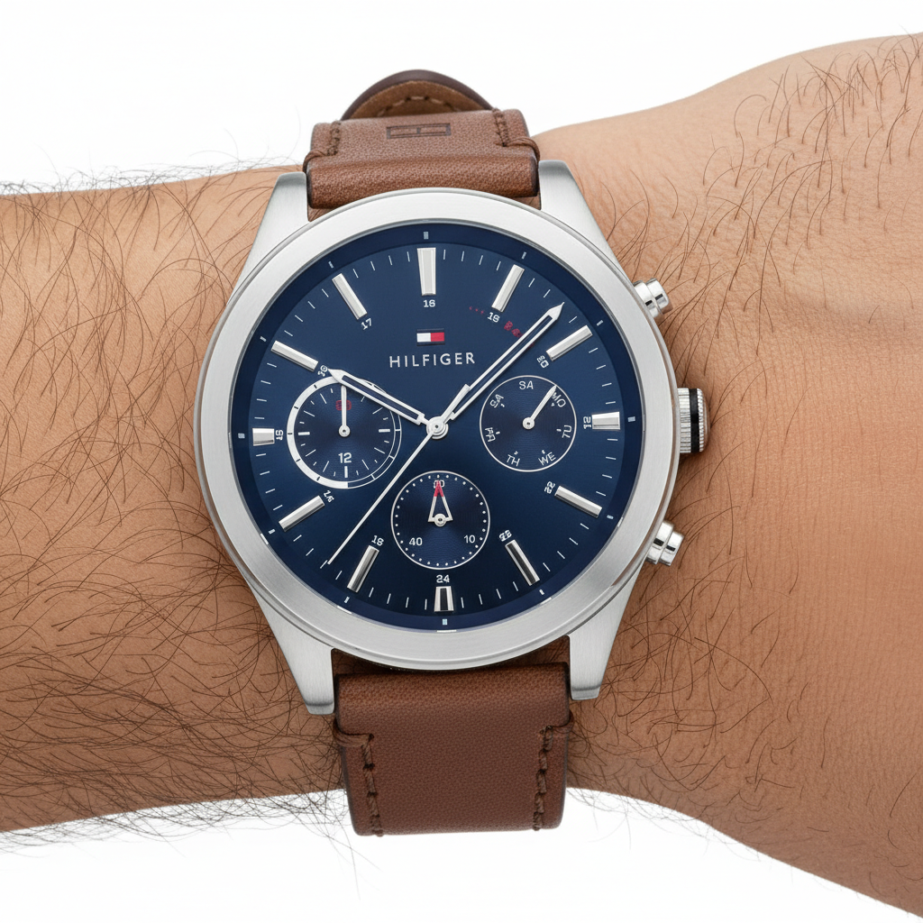 Tommy Hilfiger Ashton 1791741 44mm Men's Multi-Function Watch – Blue & Brown Genuine Leather Strap