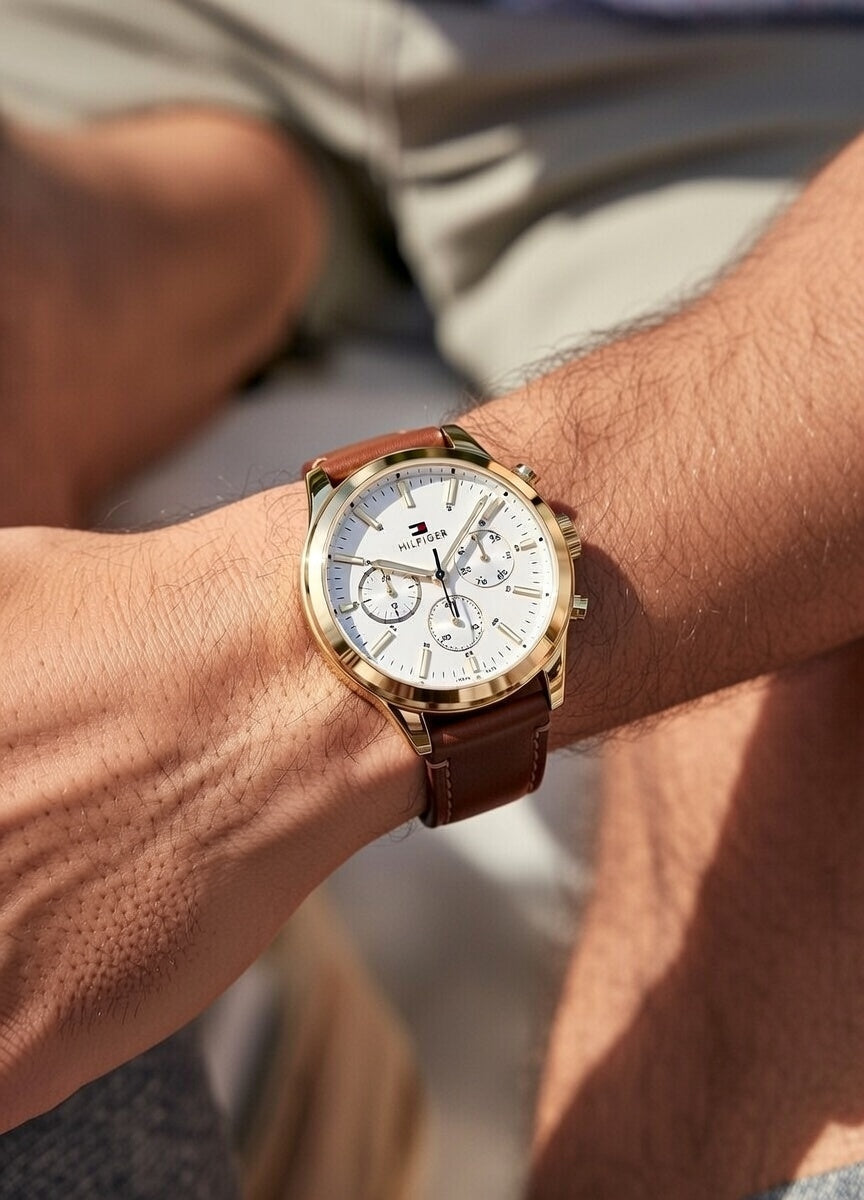 Tommy Hilfiger Ashton 1791742 44mm Men's Multi-Function Watch – White & Light Brown Genuine Leather Strap