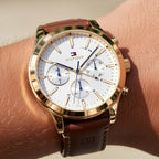Tommy Hilfiger Ashton 1791742 44mm Men's Multi-Function Watch – White & Light Brown Genuine Leather Strap