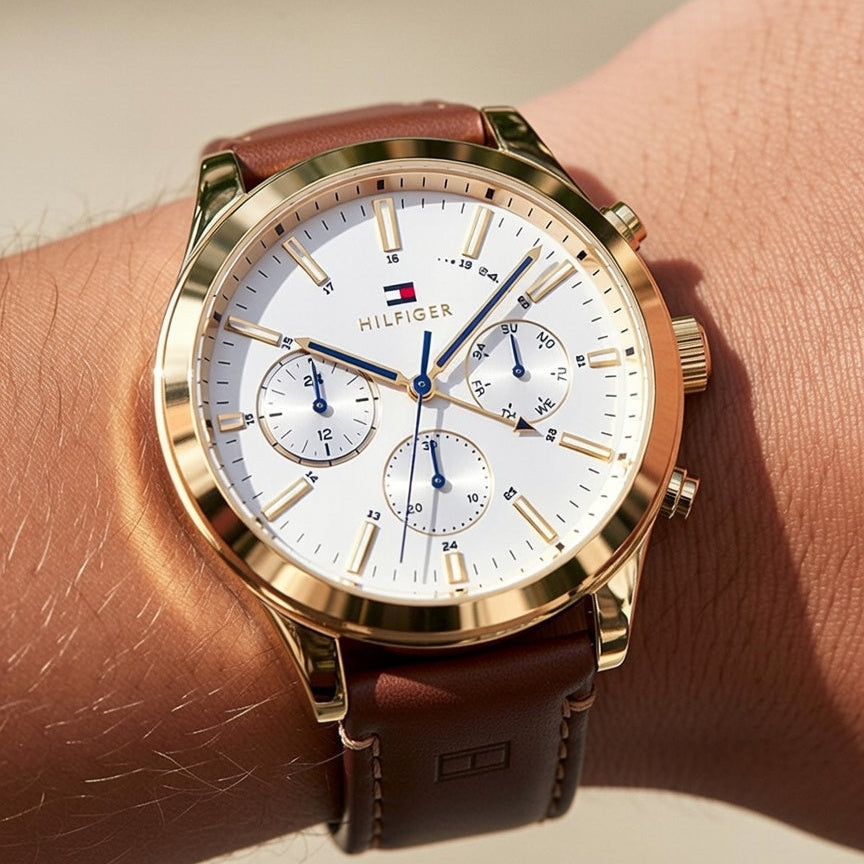 Tommy Hilfiger Ashton 1791742 44mm Men's Multi-Function Watch – White & Light Brown Genuine Leather Strap