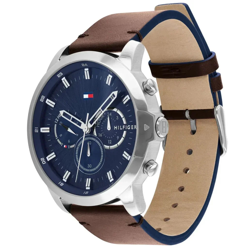 Tommy Hilfiger Jameson 1791797 46mm Men's Multi-Function Watch – Blue & Brown Genuine Leather Strap