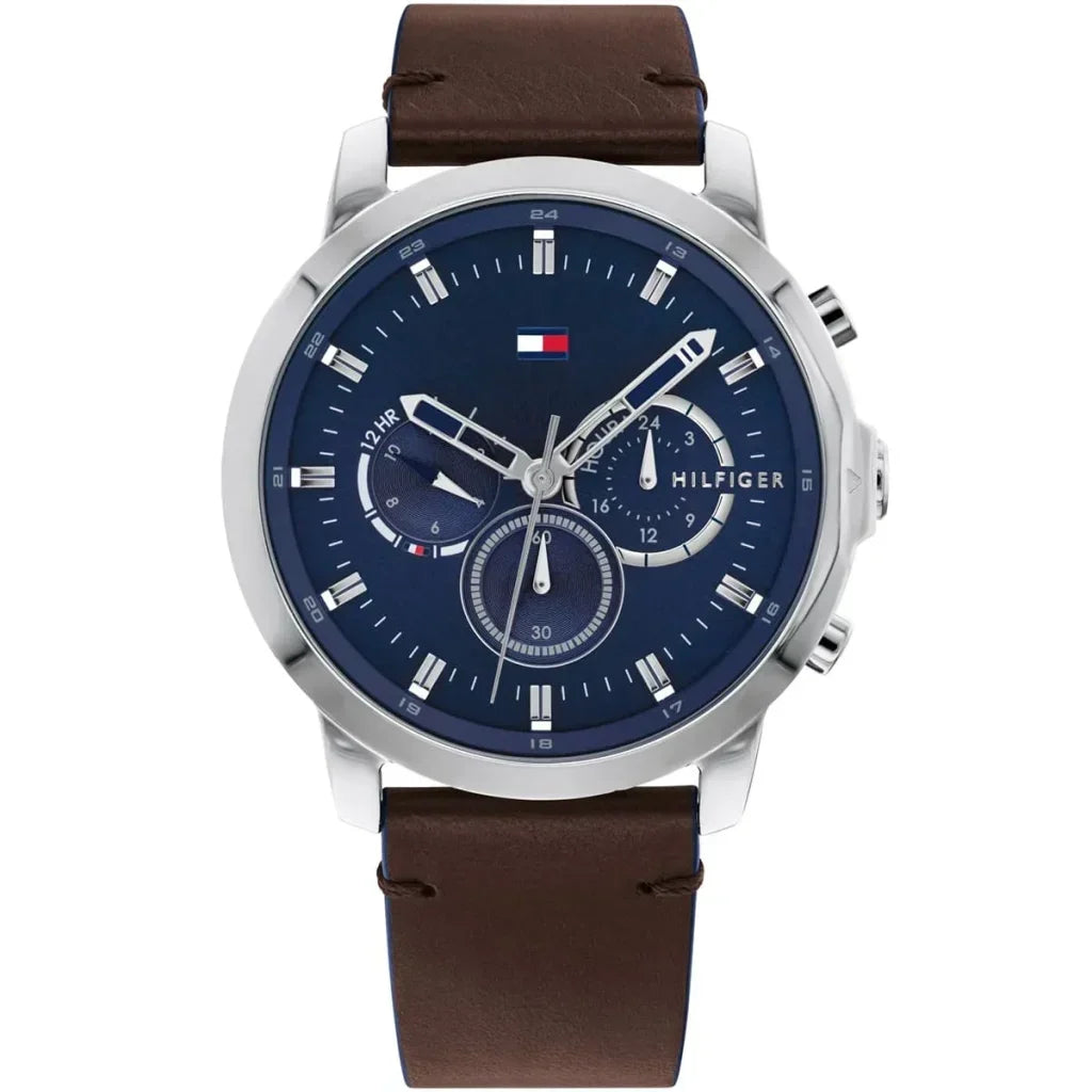 Tommy Hilfiger Jameson 1791797 46mm Men's Multi-Function Watch – Blue & Brown Genuine Leather Strap