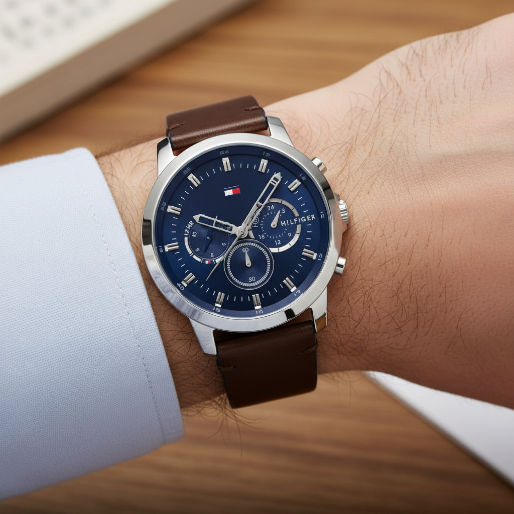 Tommy Hilfiger Jameson 1791797 46mm Men's Multi-Function Watch – Blue & Brown Genuine Leather Strap