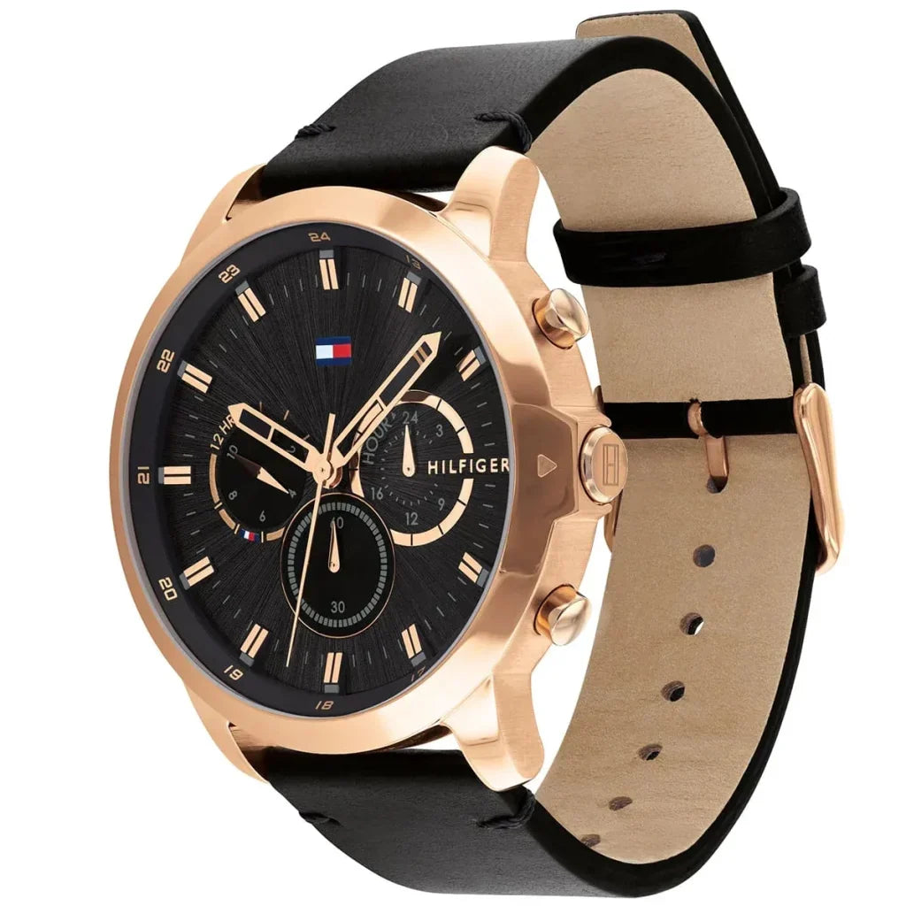 Tommy Hilfiger Jameson 1791798 46mm Men's Multi-Function Watch – Black & Black Genuine Leather Strap