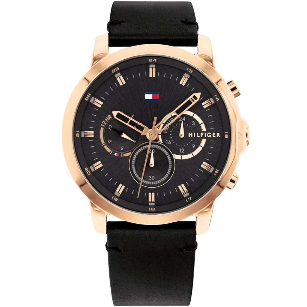 Tommy Hilfiger Jameson 1791798 46mm Men's Multi-Function Watch – Black & Black Genuine Leather Strap