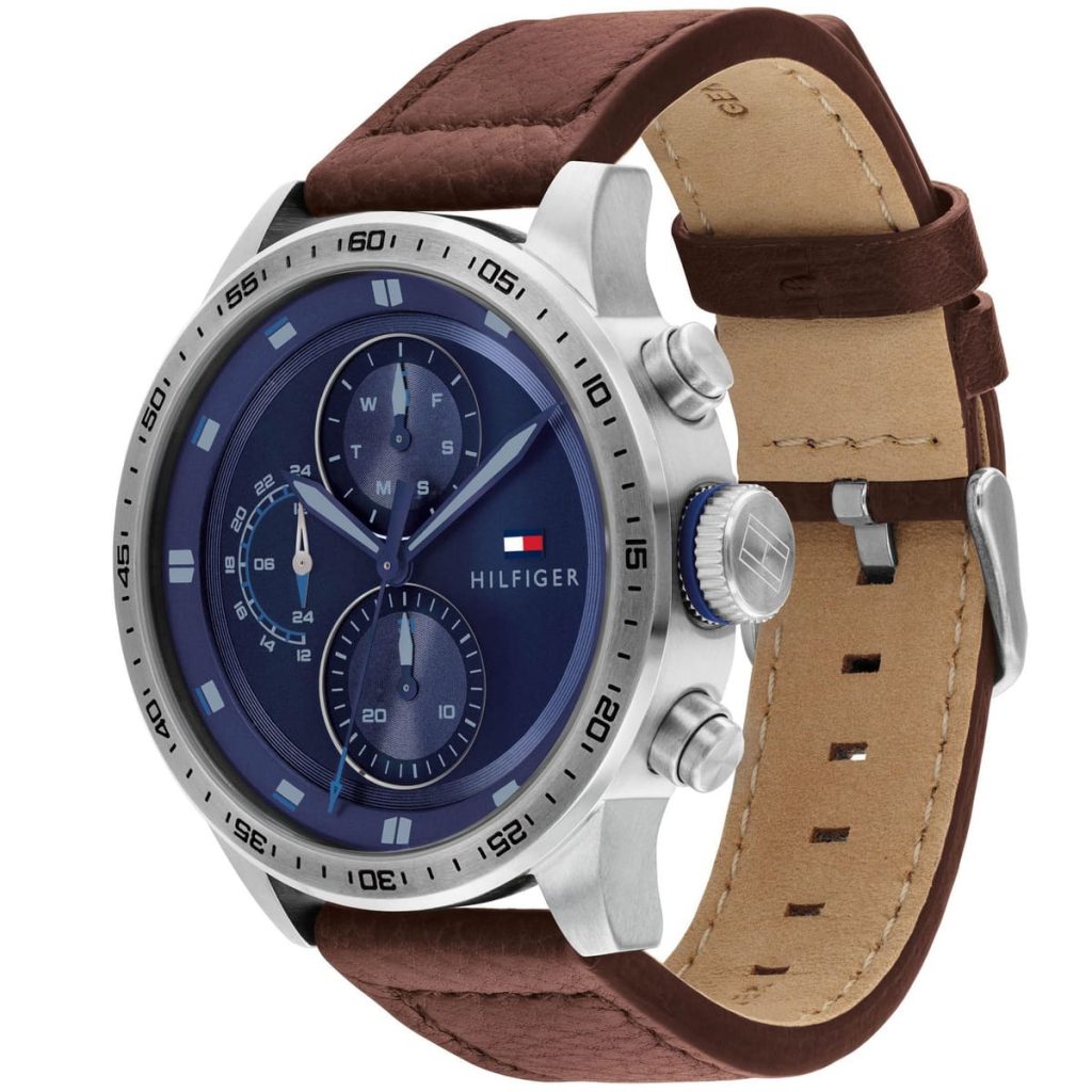 Tommy Hilfiger Trent 1791807 46mm Men's Multi-Function Watch – Blue & Brown Genuine Leather Strap