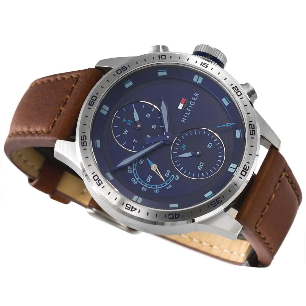 Tommy Hilfiger Trent 1791807 46mm Men's Multi-Function Watch – Blue & Brown Genuine Leather Strap