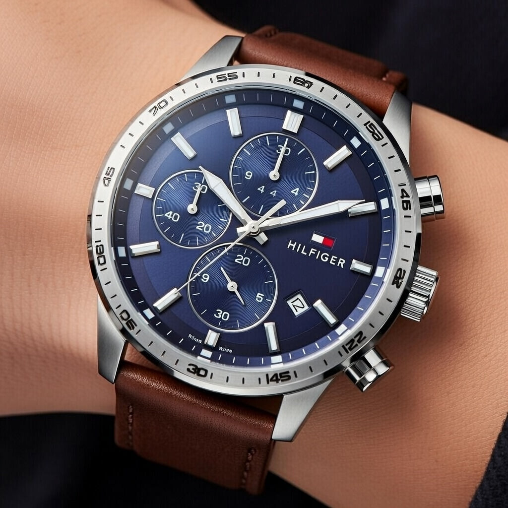 Tommy Hilfiger Trent 1791807 46mm Men's Multi-Function Watch – Blue & Brown Genuine Leather Strap