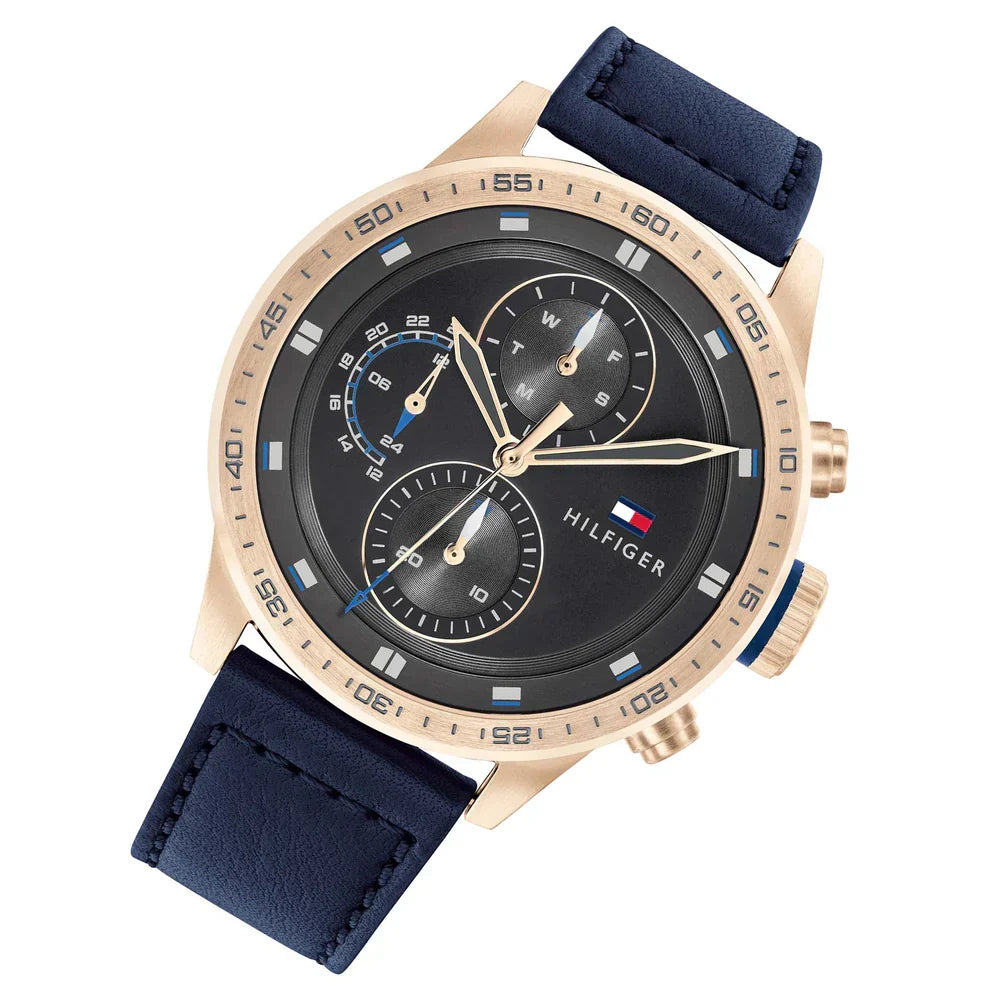 Tommy Hilfiger Trent 1791808 46mm Men's Multi-Function Watch – Grey & Blue Genuine Leather Strap