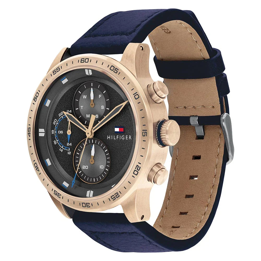 Tommy Hilfiger Trent 1791808 46mm Men's Multi-Function Watch – Grey & Blue Genuine Leather Strap