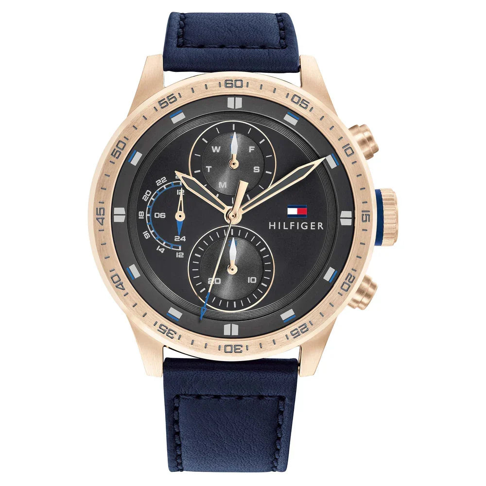 Tommy Hilfiger Trent 1791808 46mm Men's Multi-Function Watch – Grey & Blue Genuine Leather Strap