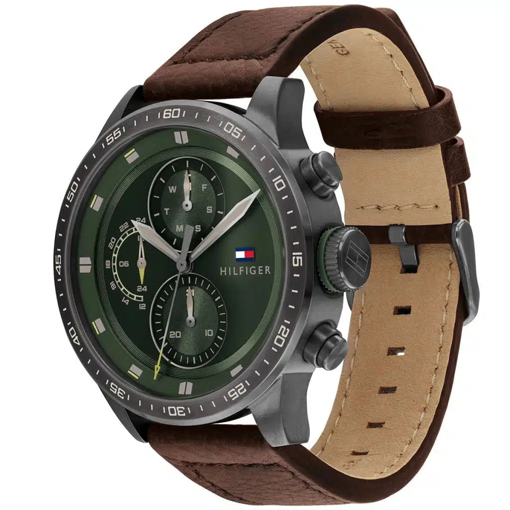 Tommy Hilfiger Trent 1791809 46mm Men's Multi-Function Watch – Green & Brown Genuine Leather Strap