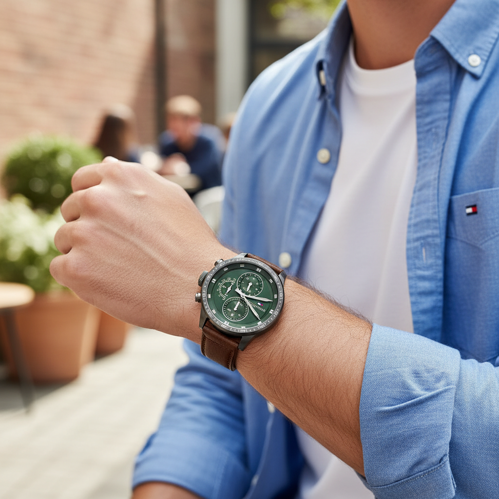 Tommy Hilfiger Trent 1791809 46mm Men's Multi-Function Watch – Green & Brown Genuine Leather Strap