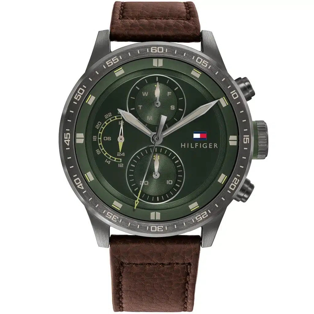 Tommy Hilfiger Trent 1791809 46mm Men's Multi-Function Watch – Green & Brown Genuine Leather Strap