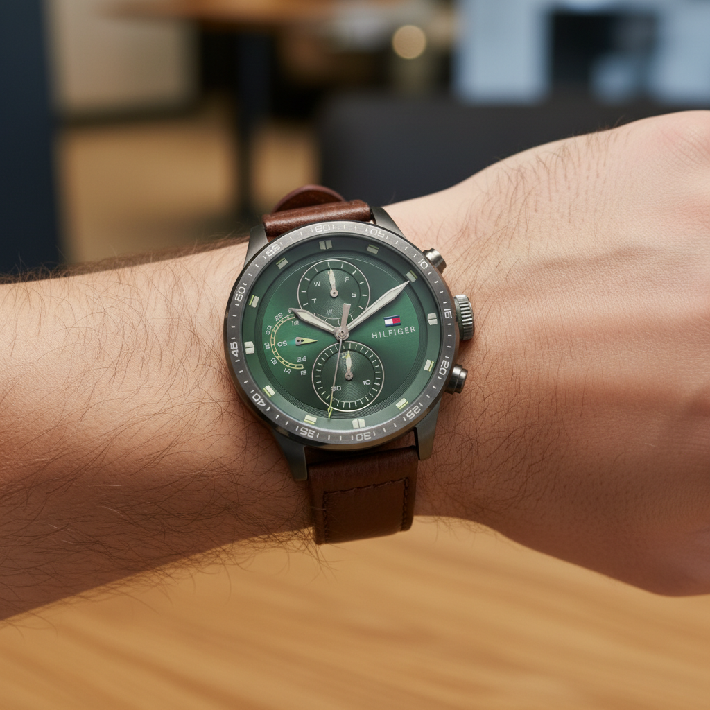 Tommy Hilfiger Trent 1791809 46mm Men's Multi-Function Watch – Green & Brown Genuine Leather Strap