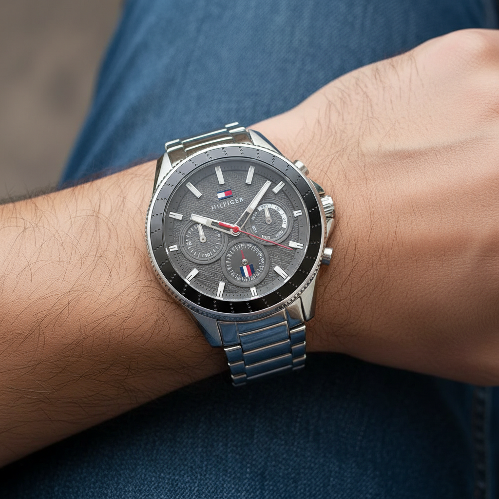 Tommy Hilfiger Aiden 1791857 45mm Men's Multi-Function Watch – Grey Textured & Silver Stainless Steel Bracelet