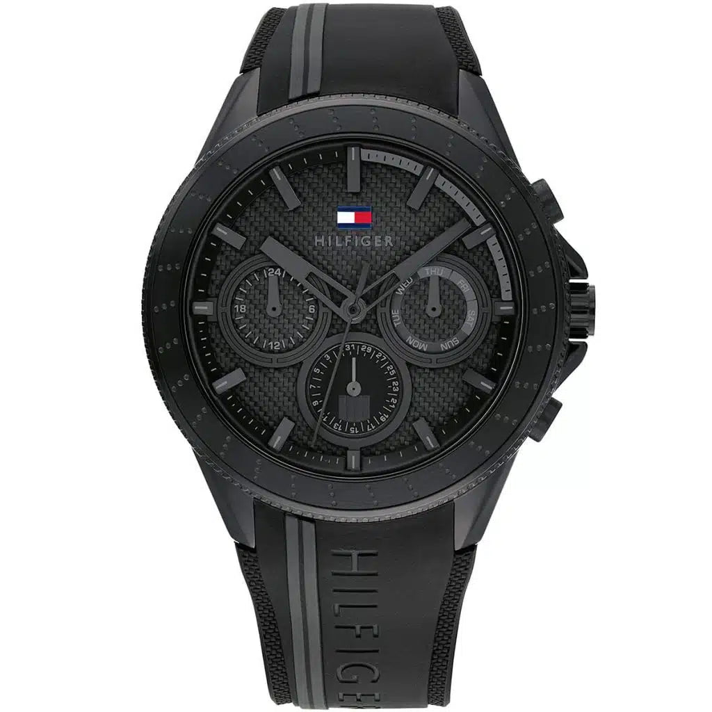 Tommy Hilfiger Aiden 1791861 44mm Men's Multi-Function Watch – Black & Black Silicone Strap