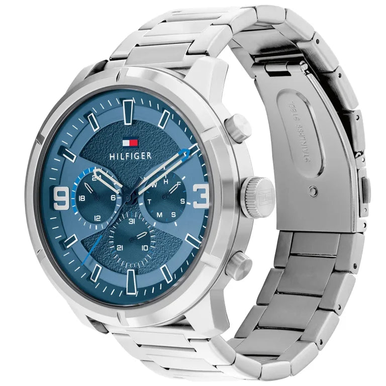 Tommy Hilfiger Wild 1792077 50mm Men's Multi-Function Watch – Blue Textured & Silver Stainless Steel Bracelet