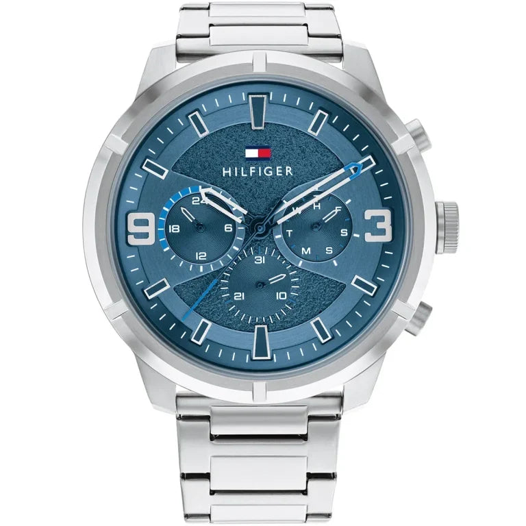 Tommy Hilfiger Wild 1792077 50mm Men's Multi-Function Watch – Blue Textured & Silver Stainless Steel Bracelet