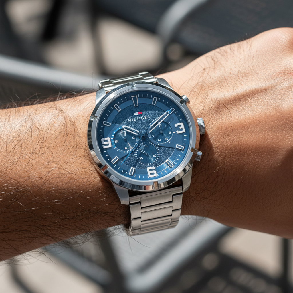 Tommy Hilfiger Wild 1792077 50mm Men's Multi-Function Watch – Blue Textured & Silver Stainless Steel Bracelet