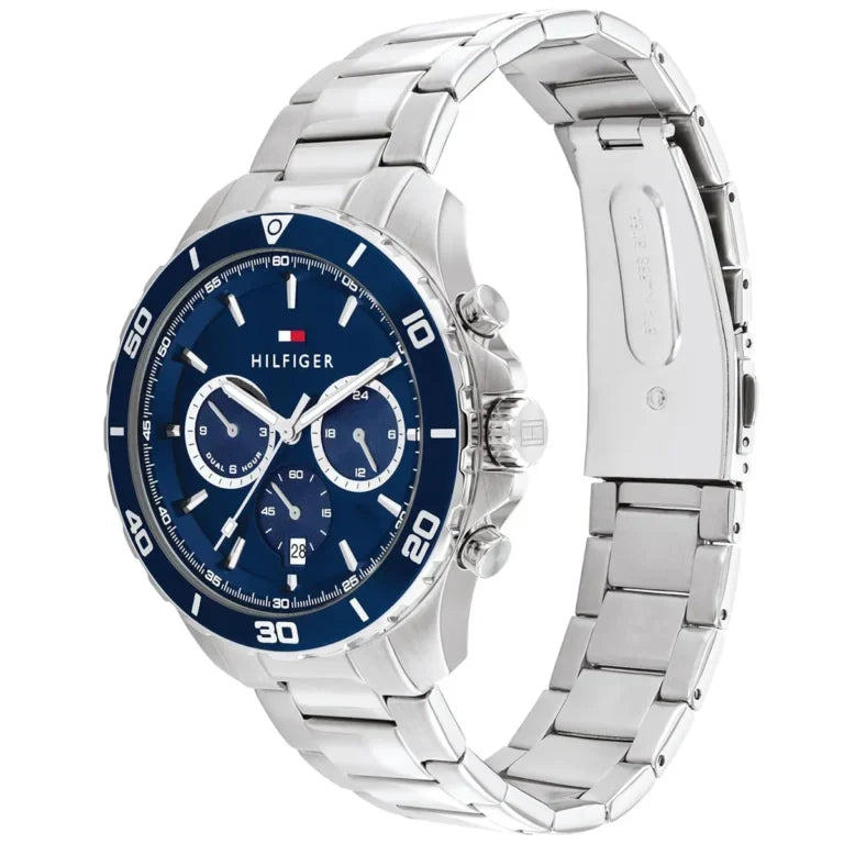 Tommy Hilfiger Jordan 1792094 43mm Men's Multi-Function Watch – Blue Dual-Time & Silver Stainless Steel Bracelet