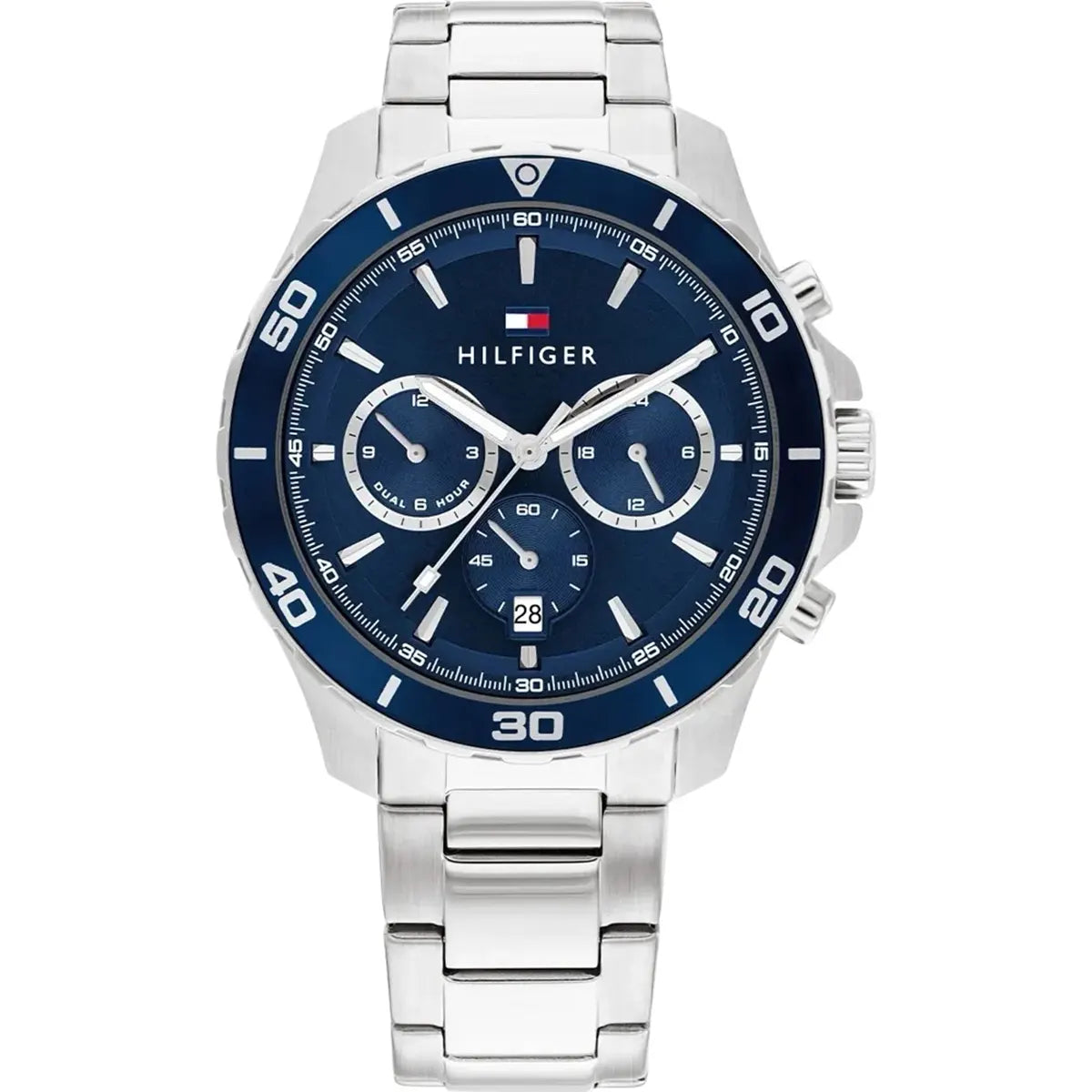 Tommy Hilfiger Jordan 1792094 43mm Men's Multi-Function Watch – Blue Dual-Time & Silver Stainless Steel Bracelet