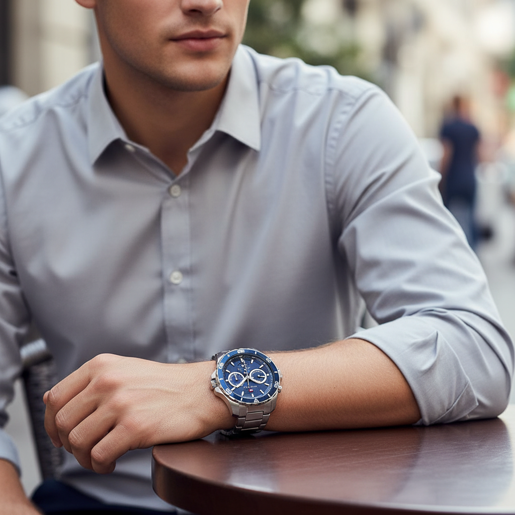 Tommy Hilfiger Jordan 1792094 43mm Men's Multi-Function Watch – Blue Dual-Time & Silver Stainless Steel Bracelet