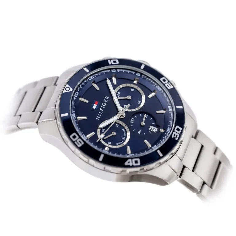 Tommy Hilfiger Jordan 1792094 43mm Men's Multi-Function Watch – Blue Dual-Time & Silver Stainless Steel Bracelet