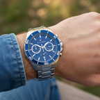 Tommy Hilfiger Jordan 1792094 43mm Men's Multi-Function Watch – Blue Dual-Time & Silver Stainless Steel Bracelet